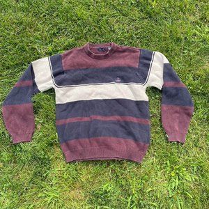 maroon cream and navy blue striped sweater